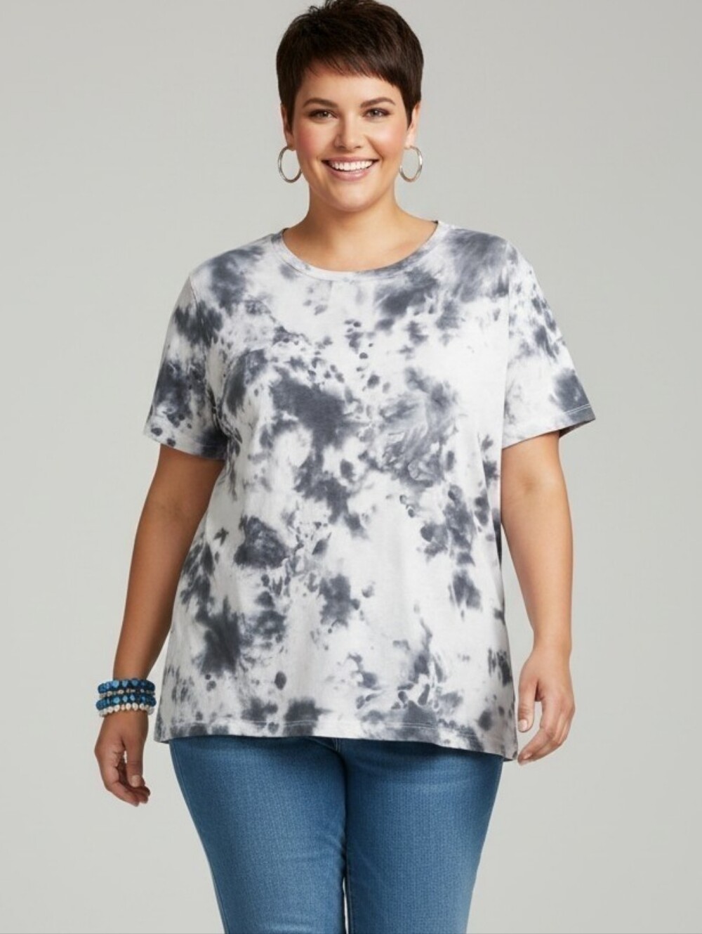 Danskin Women's TIE DYE T-SHIRT Tee Plus Size XXL Gray Dark Navy Blue Pattern‎